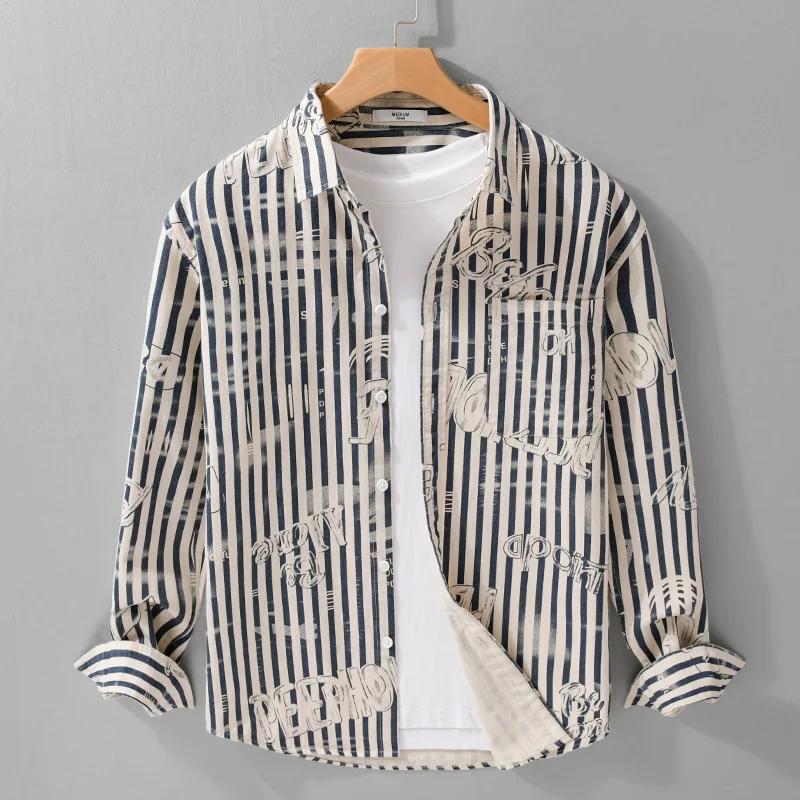 

Men's Spring Faion Urban Loose Fit Long Sve irt Striped Print Cool Feeling Cotton Casual Sle Letter Print Top