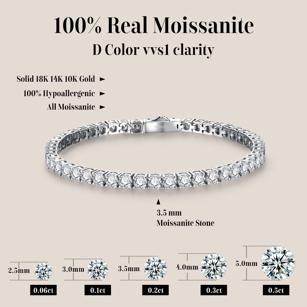 ATTAGEMS 4.0mm 5.0mm DVVS1 Pass Diamond Test Round Cut Moissanite Tennis Bracelet White Gold Plated 925 Silver Jewelry for Women