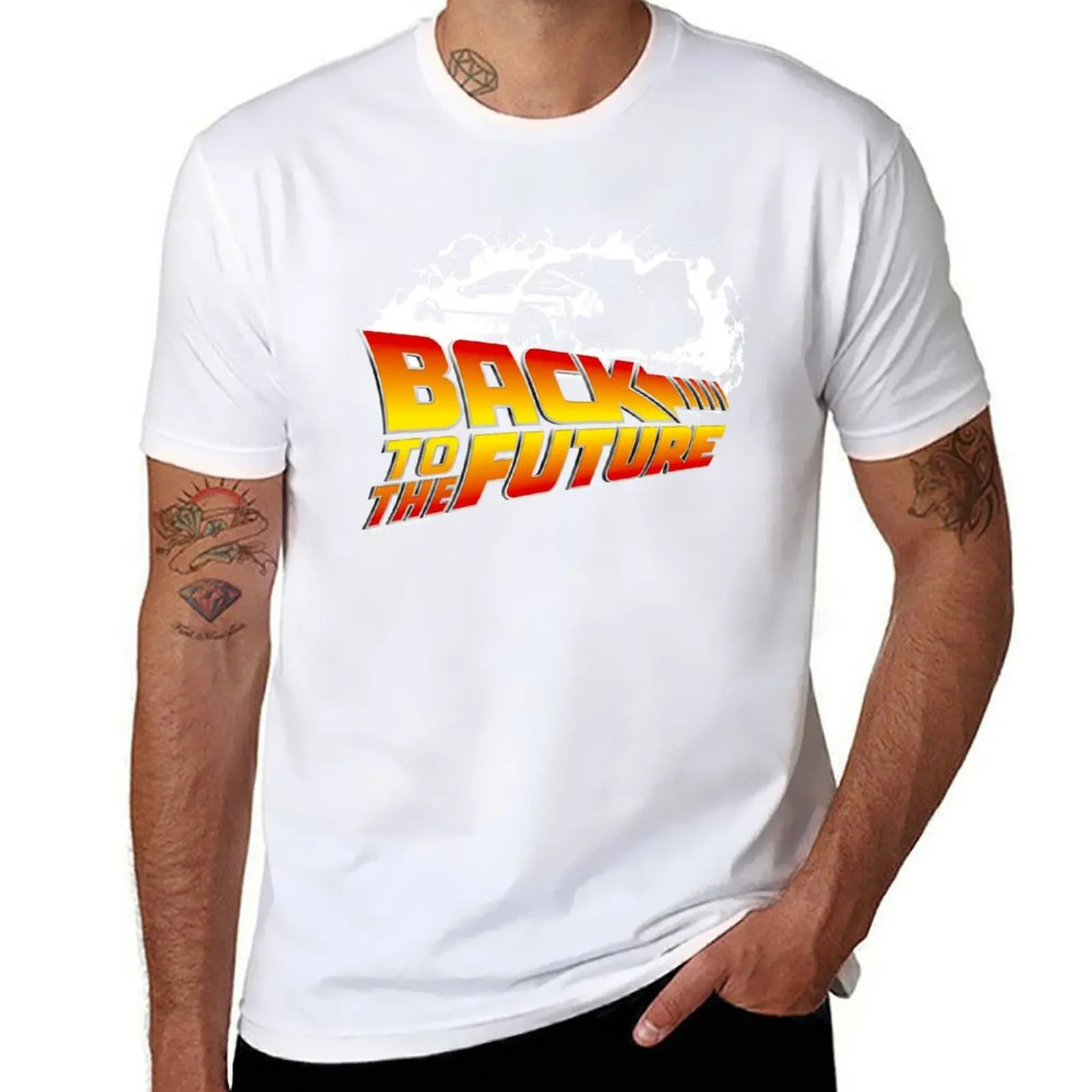 Fan DeLorean - Art Future to the Back White Stencil T-Shirt Minimalist Plain Crew Neck T-Shirt