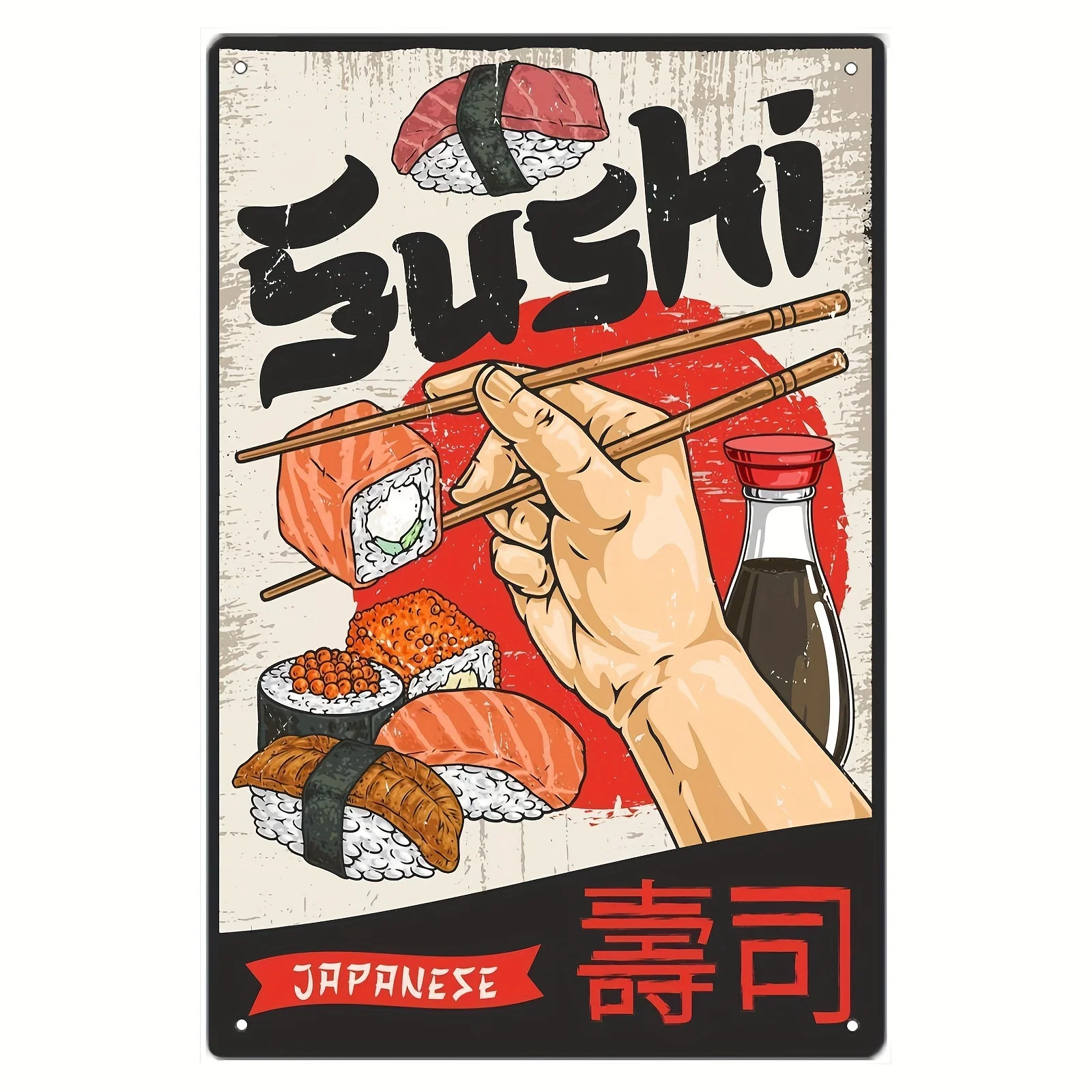 Retro Sushi Art Iron Metal Sign,  Japanese Cuisine Decor, Vintage Asian Food Poster, Delicious Rolls & Chopsticks Design, for Ki