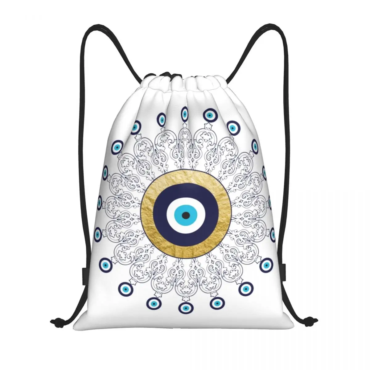 Mal de ojo Mandala en dorado y azul con cordón mochila bolsas ligeras amuleto de la suerte amuleto gimnasio Sport Sackpack sacos para viajar