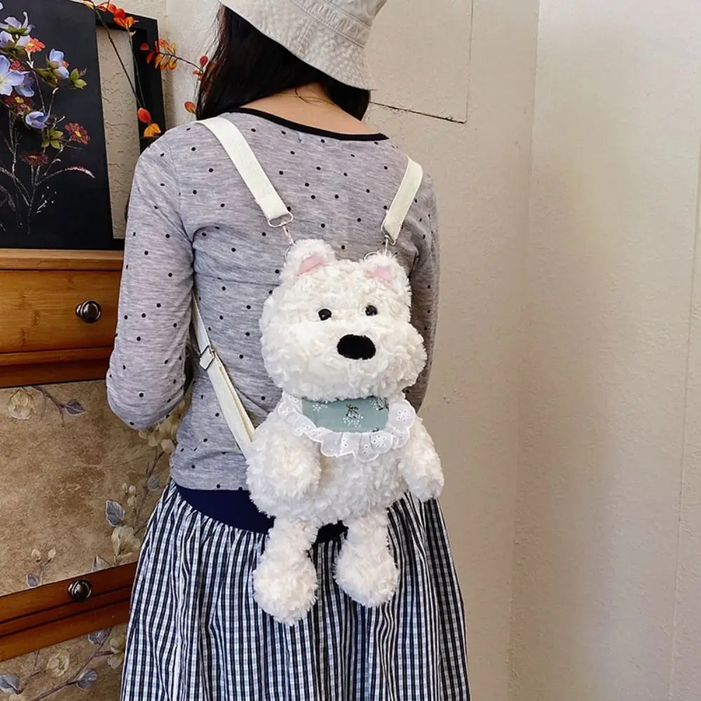 Mochila para perro Westie de algodón PP, bolsa de piel de peluche de gran capacidad, mochila suave y portátil para correr