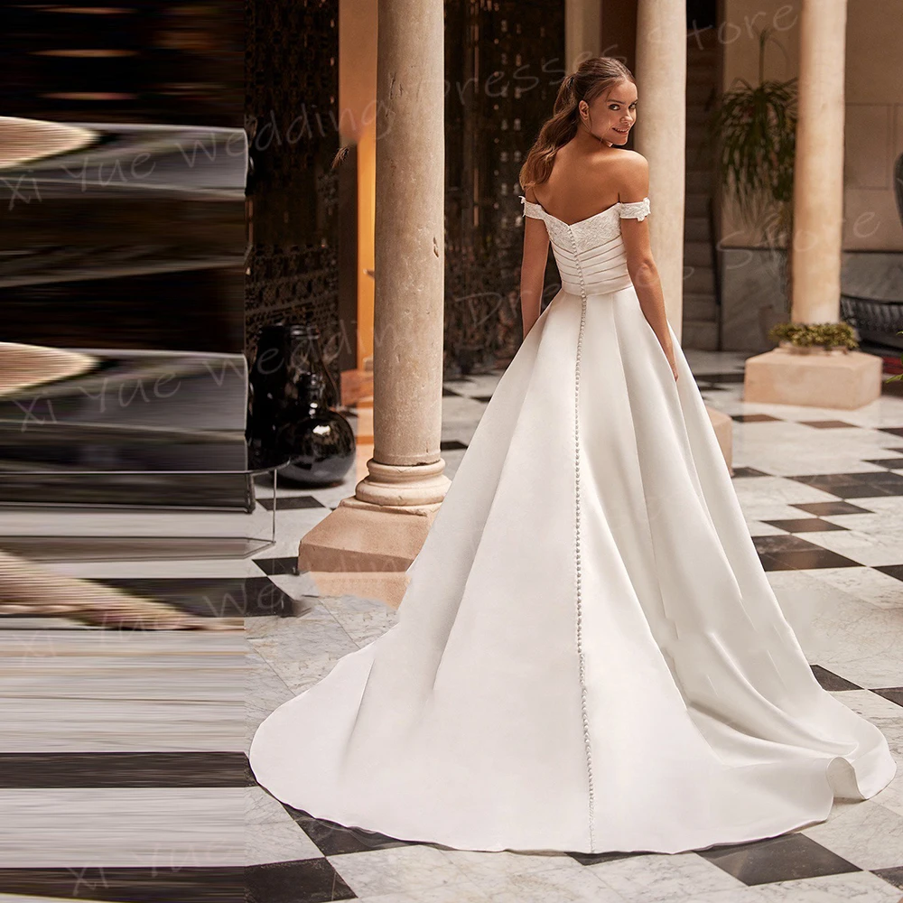 Vestido De novia De corte en A para mujer, apliques sencillos, vestidos De novia De encaje, hombros descubiertos modernos, sin mangas