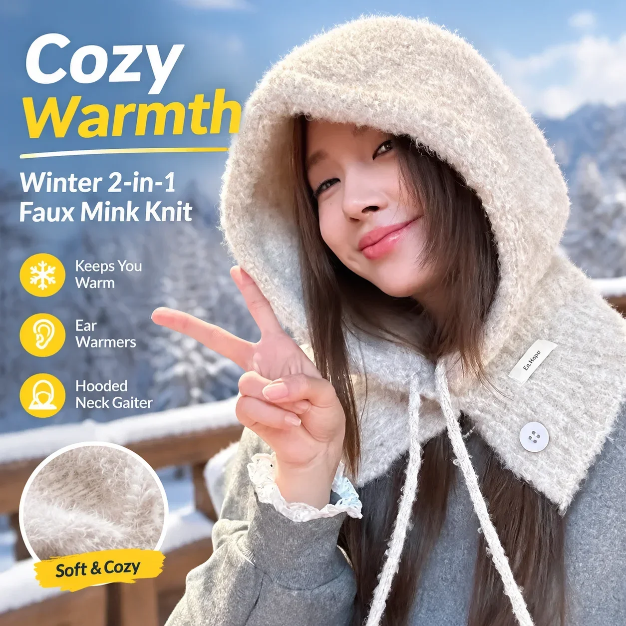 Winter 2-in-1 Faux Mink Knit Beanie Hat with Ear Warmers and Hooded Neck Gaiter for Women