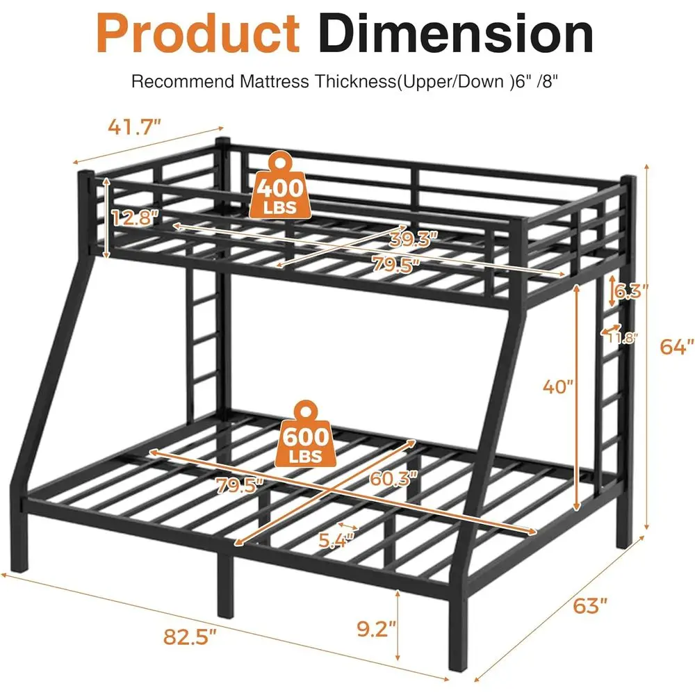 Heavy Duty Metal Twin XL Over Queen Bunk Bed for Adults and Kids, Twin Over Queen Bunkbed with 2 Ladders, Noise Resistant, No Bo view 2