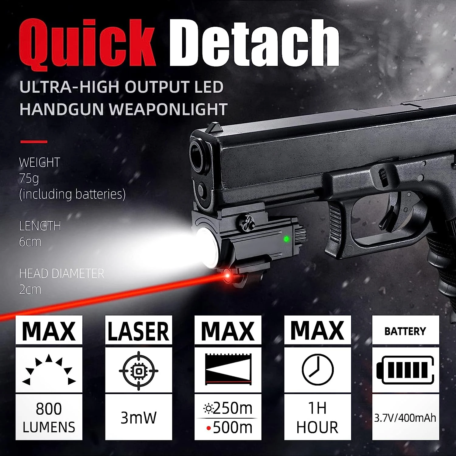 Mini Gun Light Laser Combo 800 Lumens Pistol Flashlight Red Laser Sight Rechargeable LED Torch for Outdoor Hunting Shooting