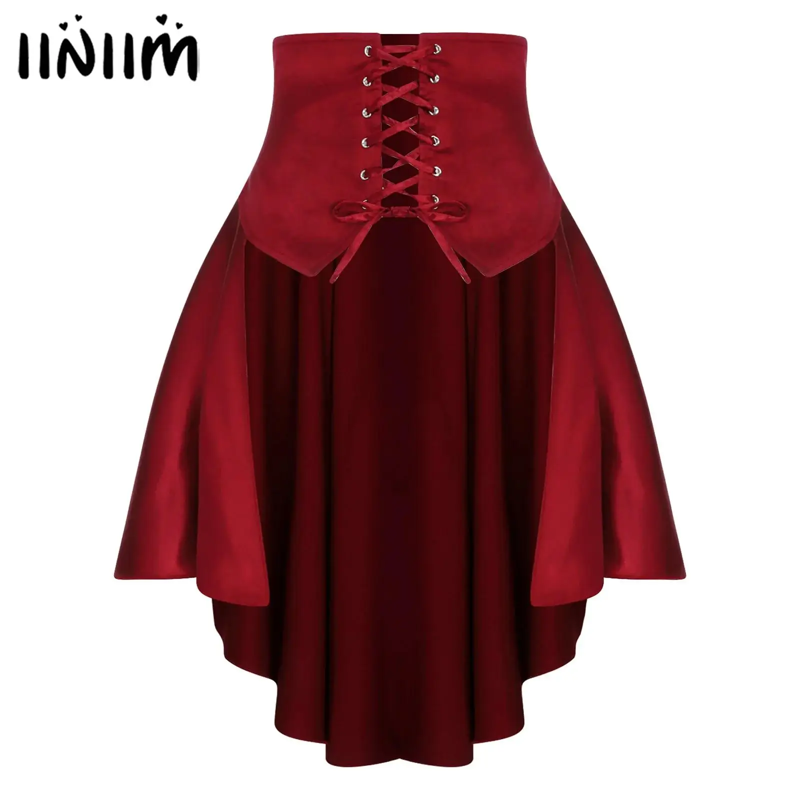 Womens Gothic Steampunk Satiny Pirate Skirt Front Lace-up Tiered Ruffled Irregular Hem Skirt Waist Belt Vintage Medieval Costume