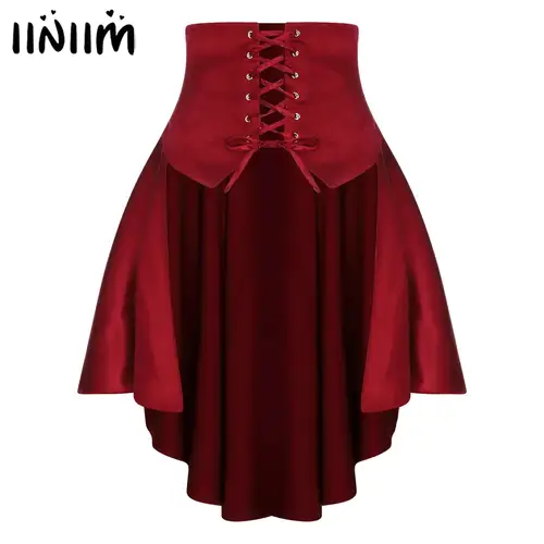 Falda pirata satinada Steampunk gótica para mujer, falda con cordones delanteros, dobladillo Irregular con volantes escalonados, cinturón, disfraz Medieval Vintage