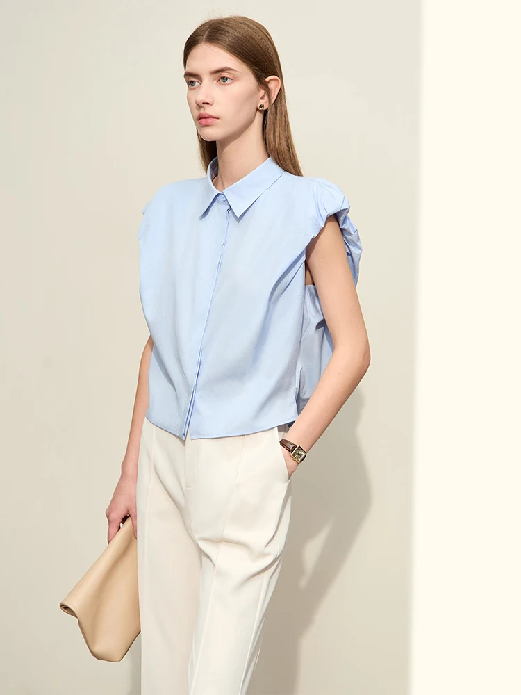 Amii Minimalism 2024 Summer New Shirts For Women Solid Tencel Cotton Wide Shoulder Petal Sleeve Woven Shirts & Blouses 12442032