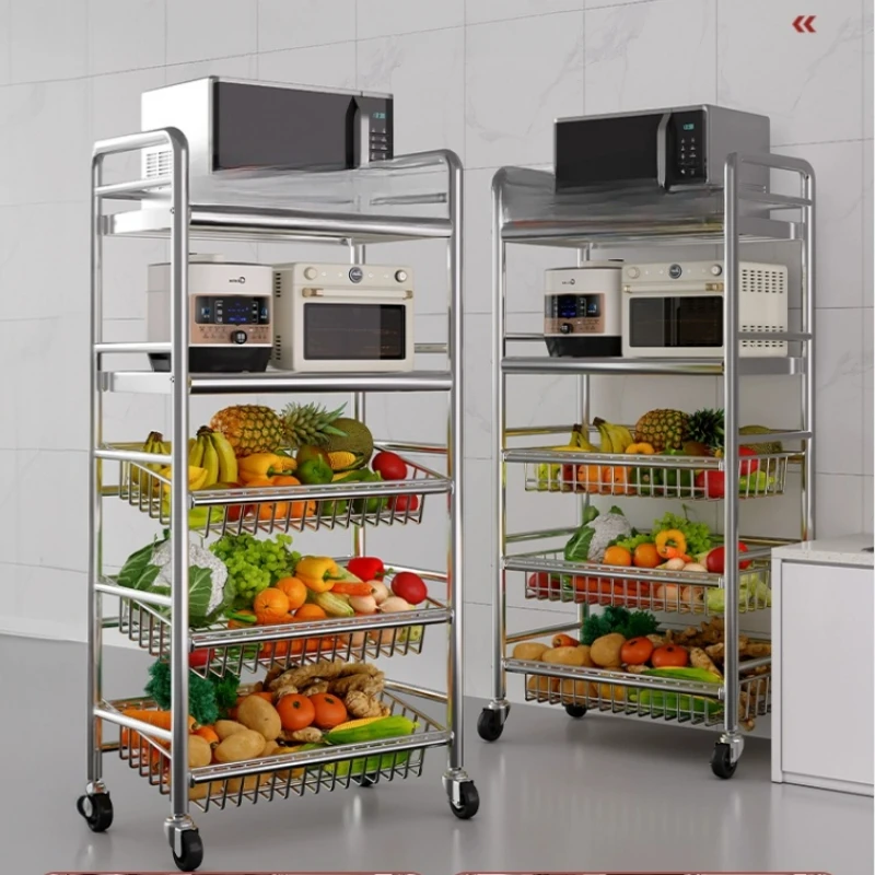 

Stainless Steel Kitchen Vegetable Basket Multifunctional Storage Trolley Fruit Movable Rolling Cart Microwave Oven Organize Rack