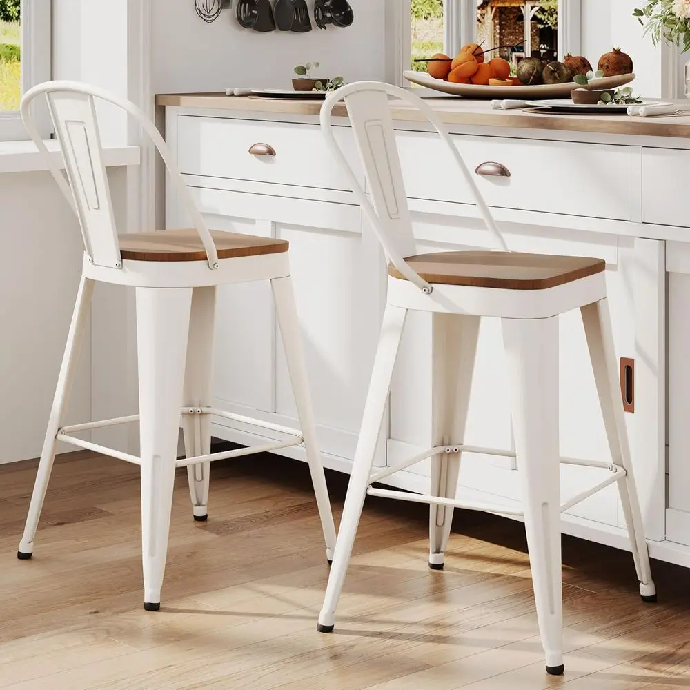 

Set of 2, 26 Inch High Back Metal Bar Stools with Large Wood Seats for Counter Height, Suitable for Kitchen Island (White)