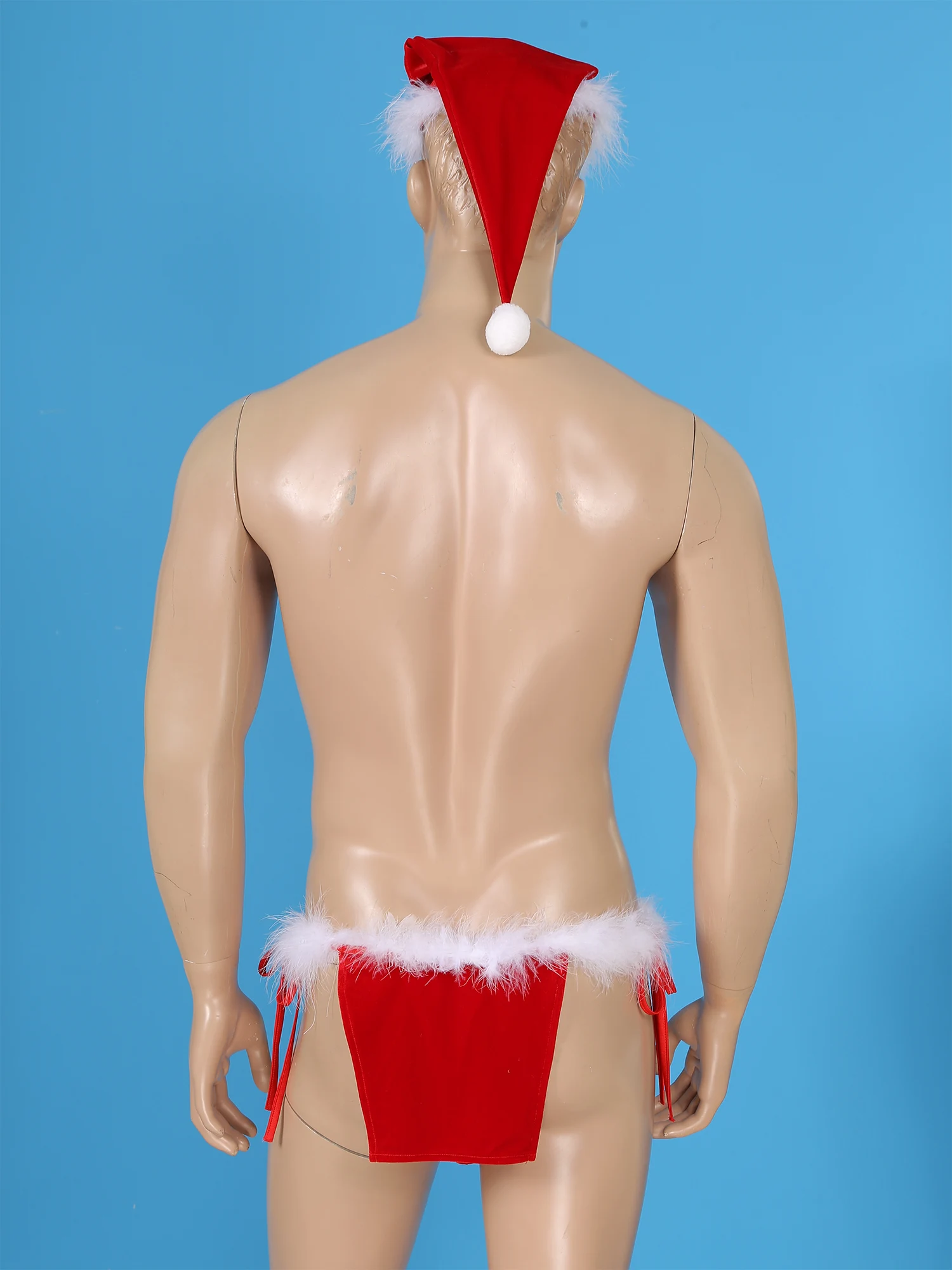 Homens conjuntos de natal nightwear clube desempenho traje pena guarnição rendas-up contornado thongs g-string briefs com santa cláusula hat