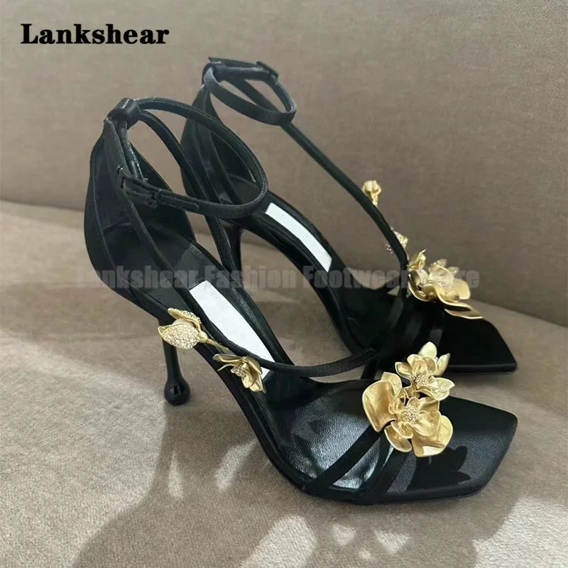 Metal Flower Diamond Square Toe High Heels for Women Stiletto Open Toe Sandals Black High Heels Flower Sandals Summer New