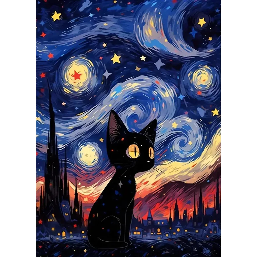 Pintura de diamante 5d Diy con diamantes de imitación redondos cielo estrellado gato negro artesanía decoración del hogar regalos de navidad