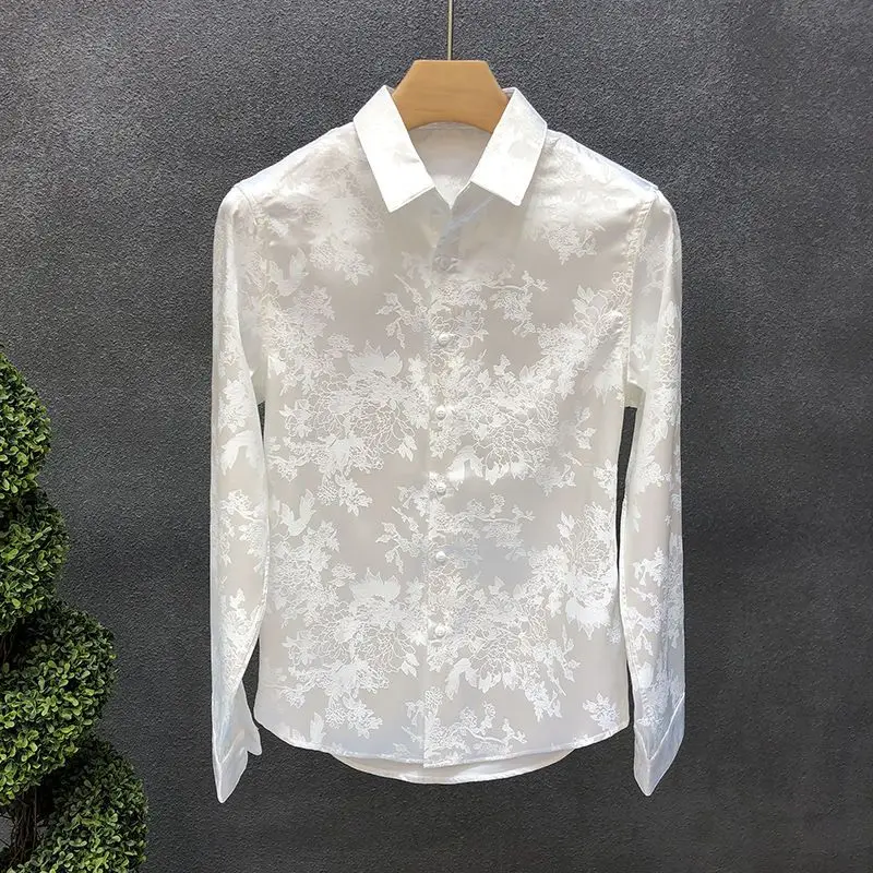 Men Fashion Jacquard Long Sleeve Shirt Edgy Style Casual All Match Spring 2026