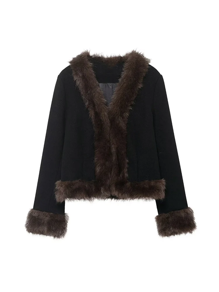 

Women's Faux Fur Collar Jacket Fashion Fur Splicing Slimming Outerwear Casual Warm Fluffy Retro Coat Elegant Streetwear New