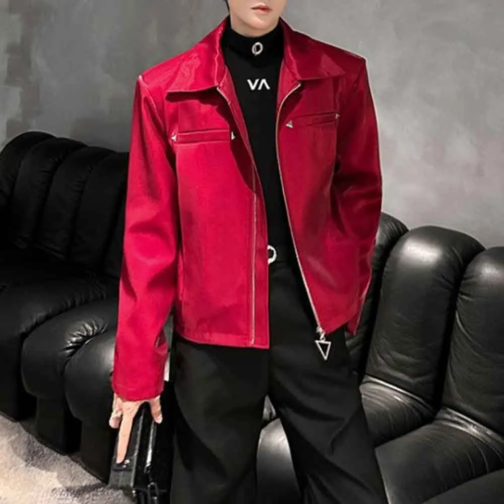 Mens Fall Jacket Padded Shoulders Metallic Liquid Finish Streetwear Fashion Nightclub Stage Performance Top Men'S Clothing 2025