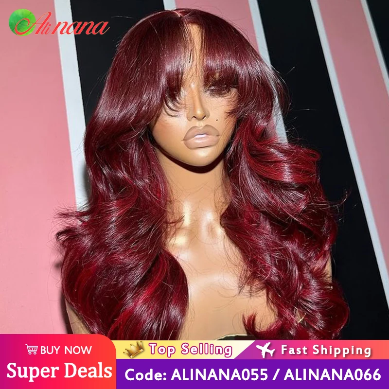 Burgundy Mix Red Colored Human Hair Wig With Bangs 13x6 Lace Frontal Wigs Remy Body Wave Transparent 5x7 Lace Closure Wig