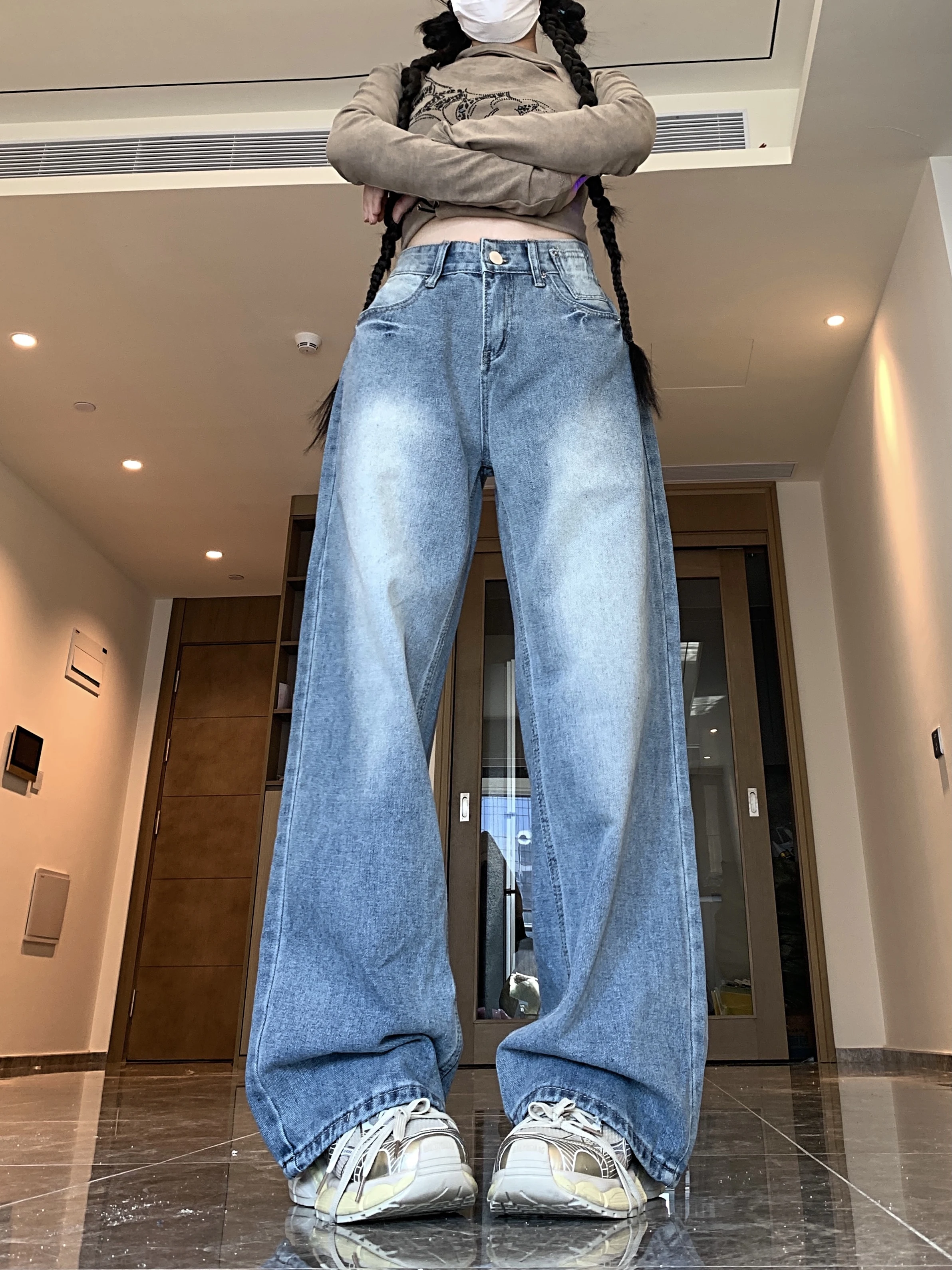 Primavera nova rua retro americana lavada jeans retos calças de perna larga feminina