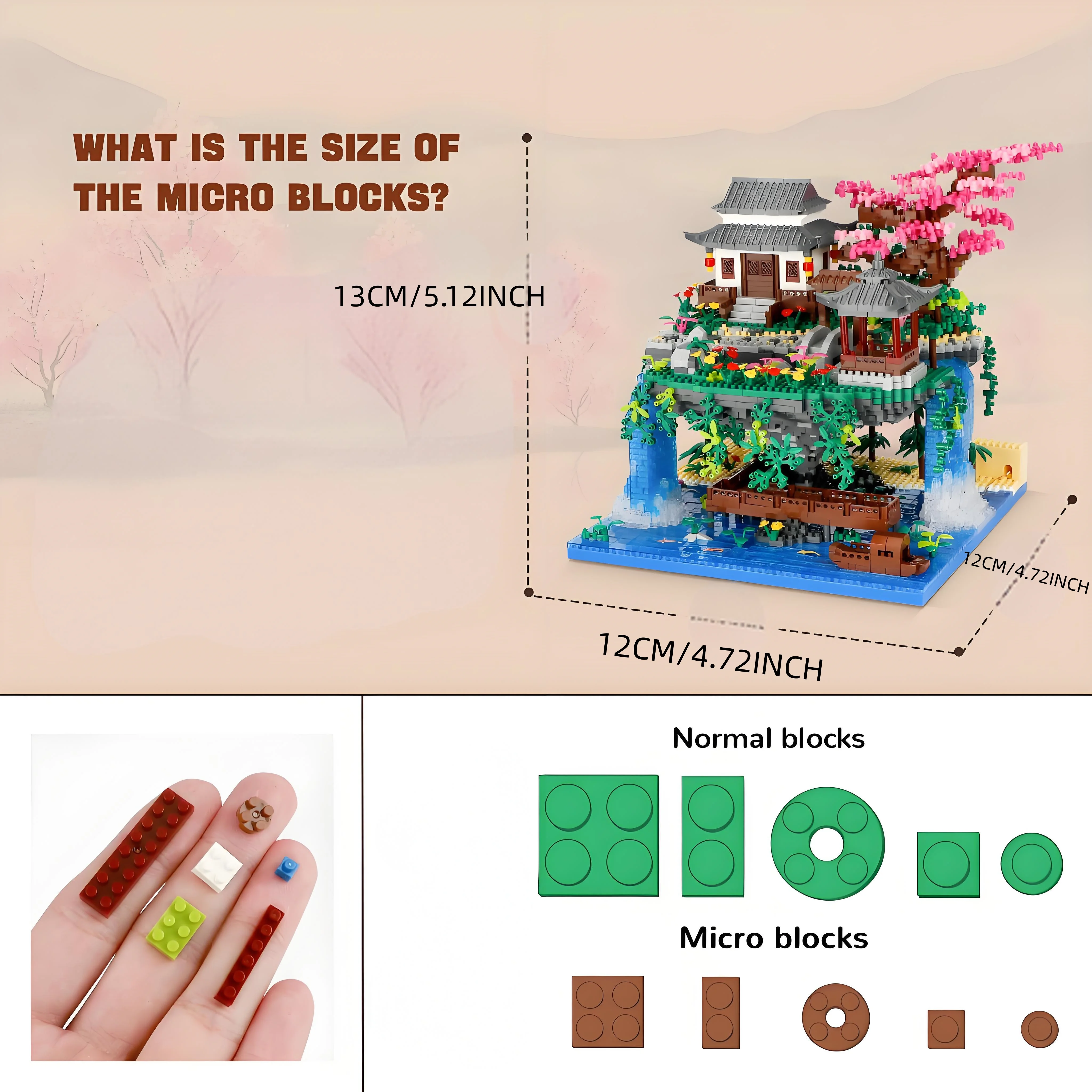 동양 정원 마이크로 빌딩 블록, LED 조명이 있는 복숭아꽃 분재 나무 - 홈 장식을 위한 DIY 미니어처 모델