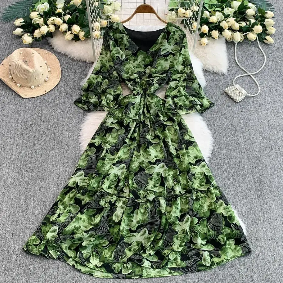 Boho vintage donna estate chic scollo a V stampa floreale abito lungo elastico in vita INS festa elegante abito da vacanza al mare con maniche svasate