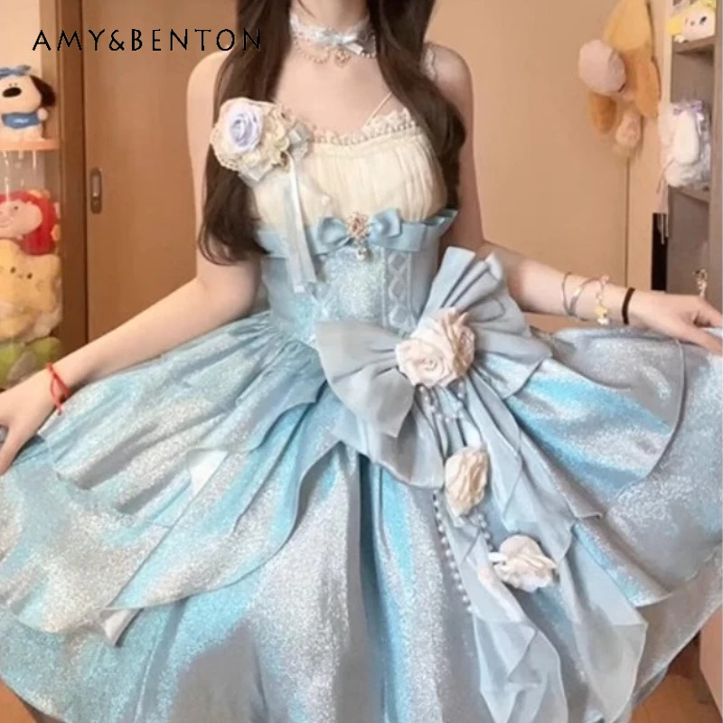 

Japanese Spring Summer Blue and White Color Matching Tube Top Waist and Thin Three-dimensional Flower Accessories Dress Women