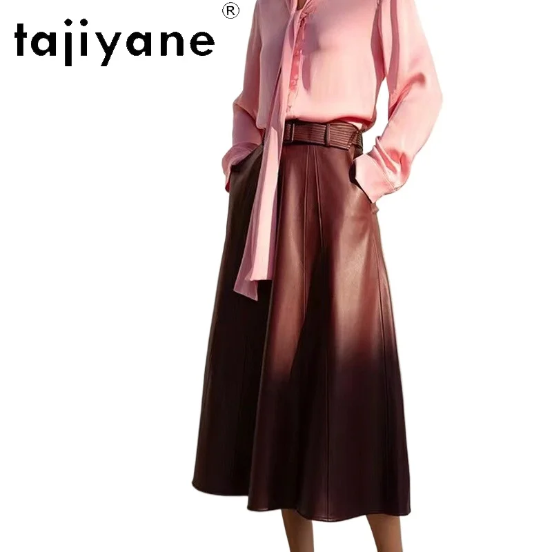 TAJIYANE New Genuine Sheepskin Leather Skirt Women's Skirts Elegant Slimming Umbrella Skirts of Woman High Waist Long Skirt 85cm