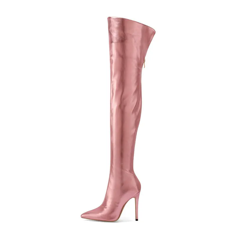 Patent Leather Pink Silver Gold Pointy Toe Overknees Back Zipper Wide Calf Thigh High Stiletto Heels Over-the-knee Stretch Boots