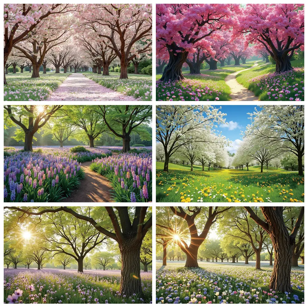

MOON.QG Spring Forest Photography Backdrop Flowers Bloom Blossom Tree Green Grass Home Decorations Garden Park Photo Background