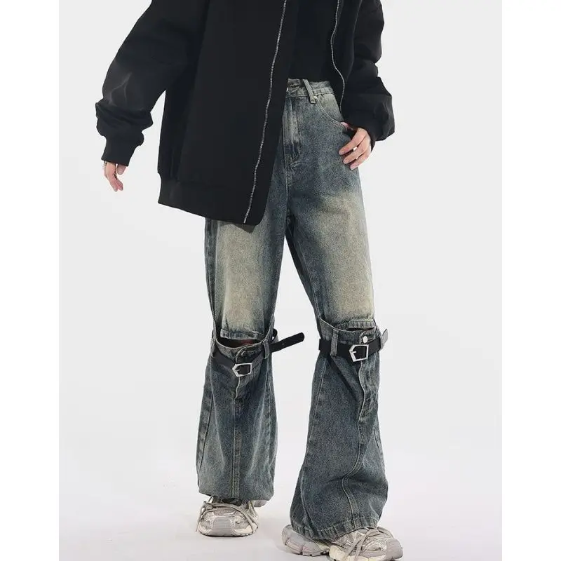 Hip hop American street retro patchwork distressed jeans for men and women high street loose straight leg trendy casual pants