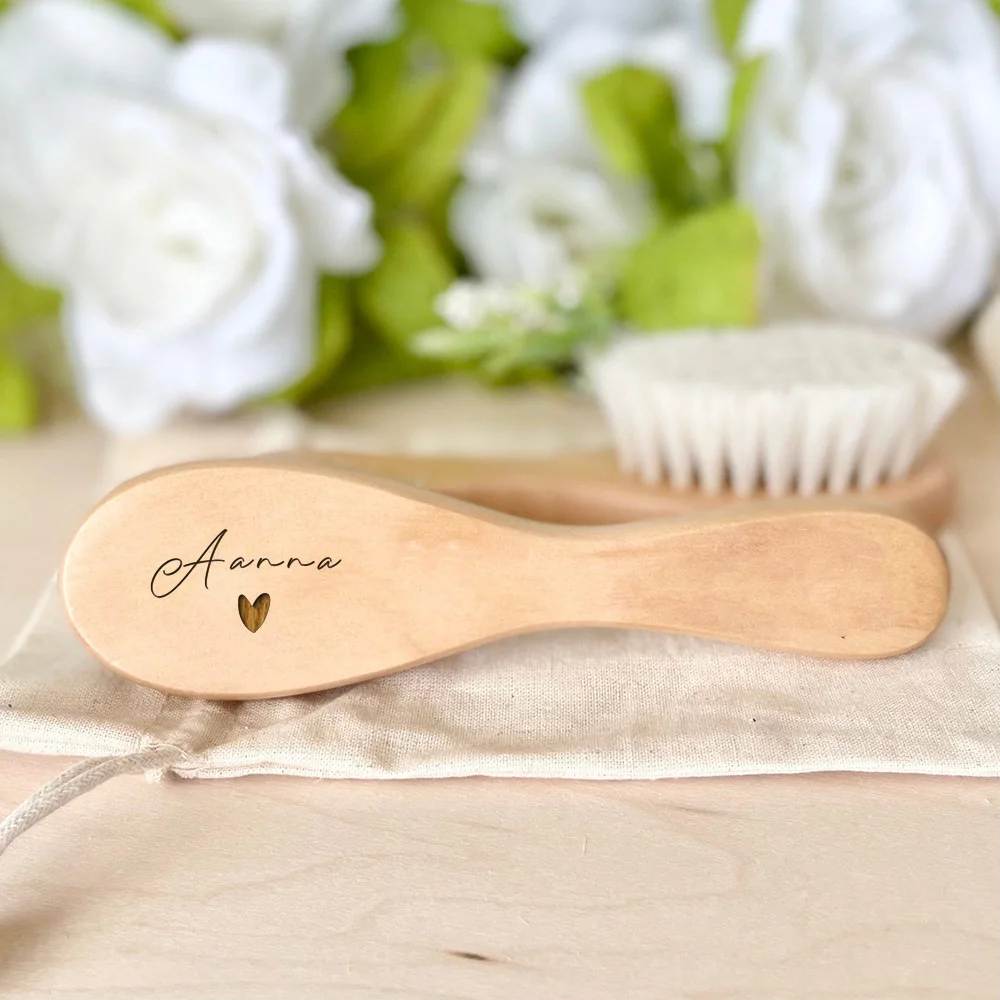 Escova de cabelo personalizada com nome personalizado, gravar nome infantil, escova de cabelo de madeira para recém-nascidos, pente de nascimento/batismo/chário de bebê, presentes