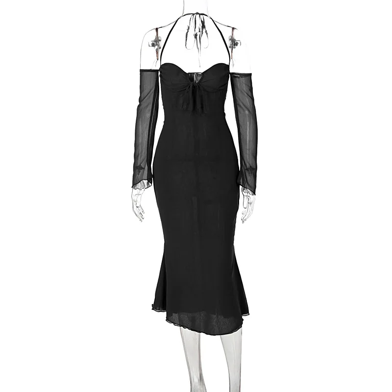 女性用シルクシフォンフィッシュテールドレス,ハイウエスト,ハンギングカラー,セクシー,オープンバック,スリム,無地,ロング,y2k