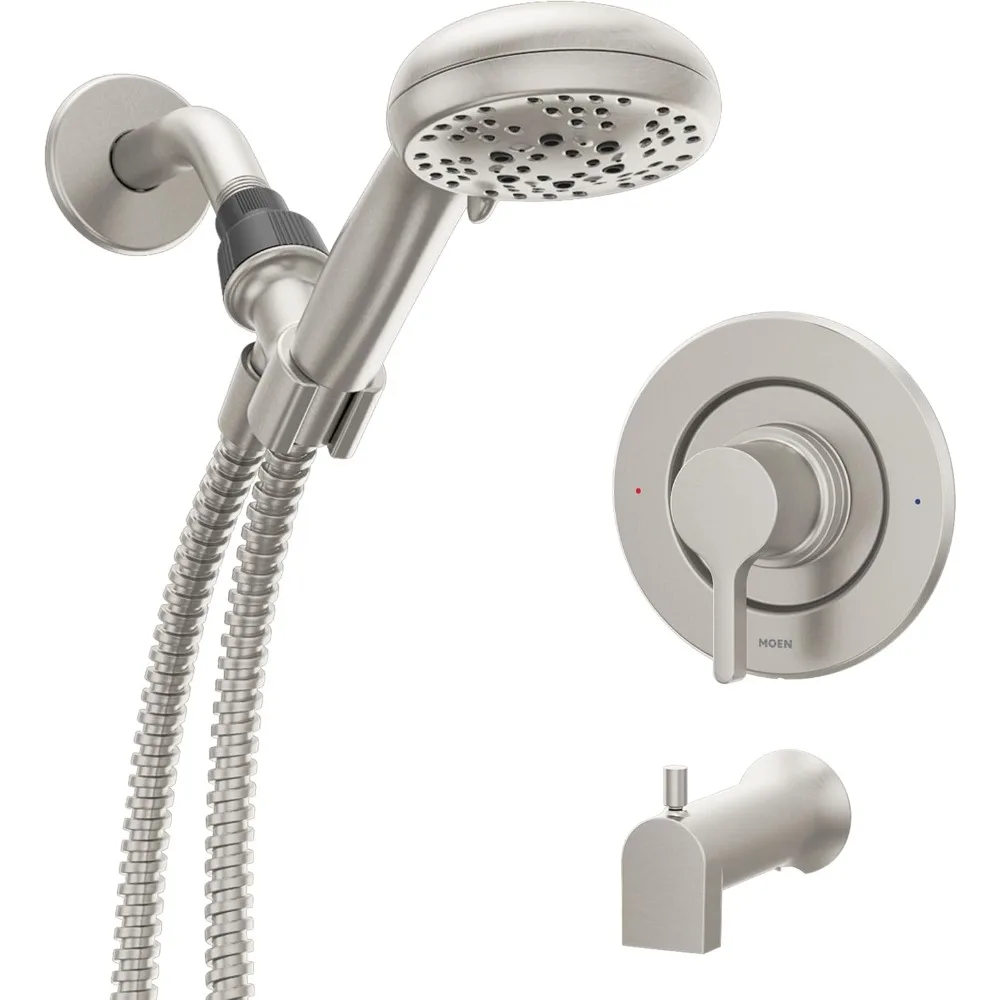 

Moen Beric Spot Resist Nickel Modern Single Handle Tub and Shower Faucet with Hand Shower, Metal Hose and Valve Included, Model