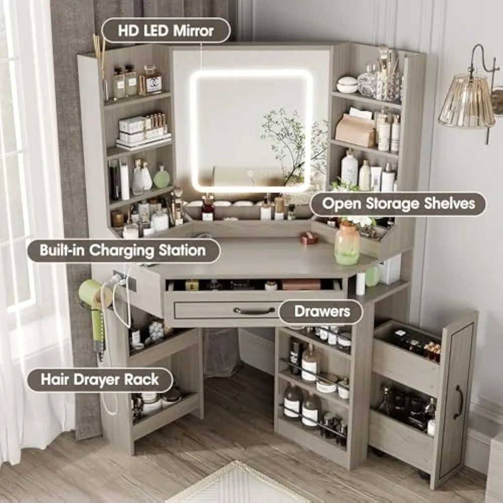 Meja Rias Rias, Meja Rias Sudut dengan Cermin LED HD, Banyak Rak Penyimpanan, 2 Laci & Lemari, Meja Rias dengan Stat Pengisian Daya