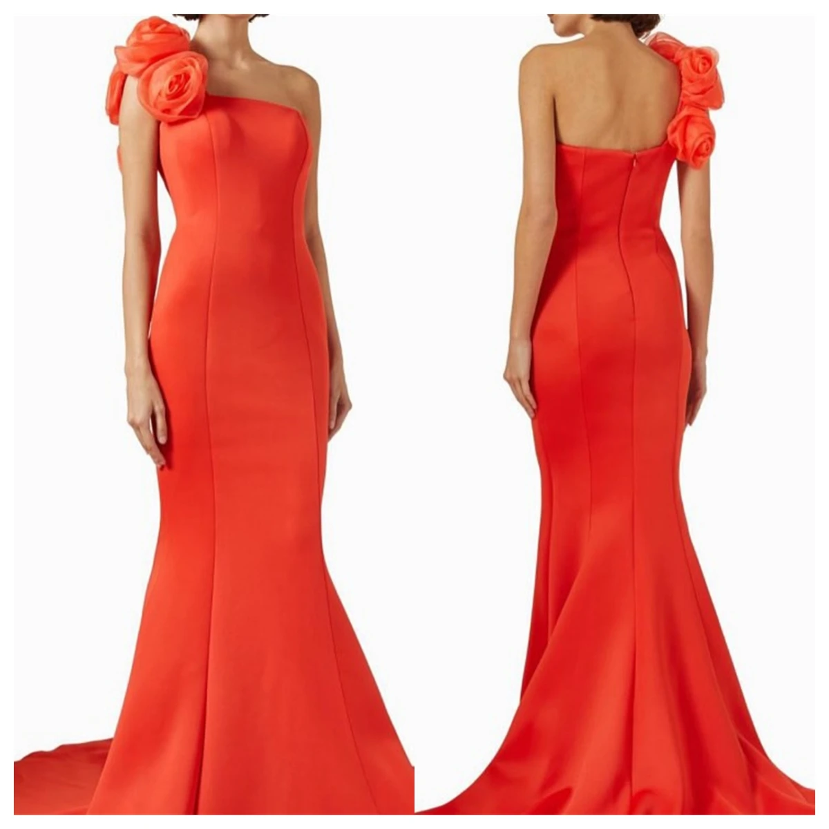 Aangepaste moderne oranje jersey avondjurk één schouder mouwloos op maat gemaakte gelegenheidsjurken bloemen hoge kwaliteit rits terug