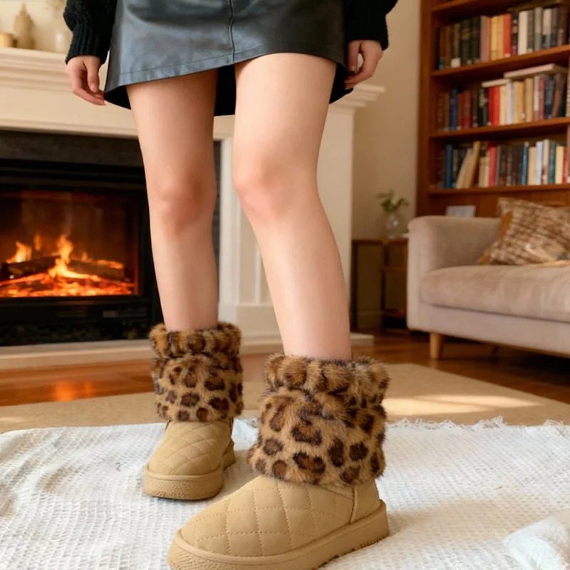 

Leopard Print Sock Boots, Fashionable Winter Ankle Boots with Faux Fur, Cozy & Easy to Wear, Knitted Boot Cuffs Style, 1 Pair