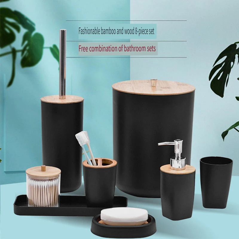 8Pcs/Set Soap Dispenser Box Toilet Brush Lotion Bottle Trash Can Bamboo Plastic Bathroom Storage Set Toothbrush Cup Holder