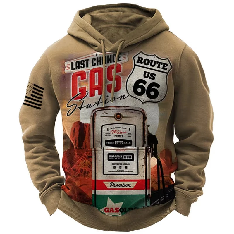 Nieuwste herfst en winter herenkleding 3D-geprinte heren Route 66 bedrukte hoodie heren losse casual mode retro oversized hoodie