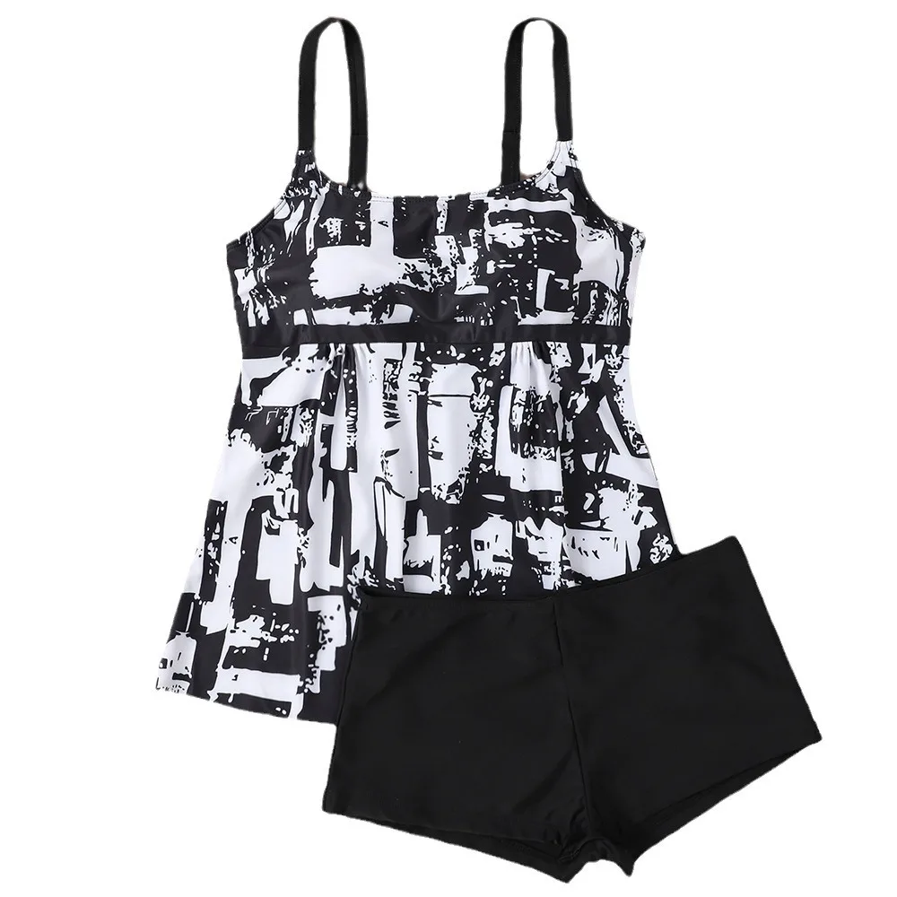 Women Two Piece Tankini Swimsuit Abstract Geometric Print Square Neck Wide Straps A Line Flowy Top Boyshort Bathing Suit