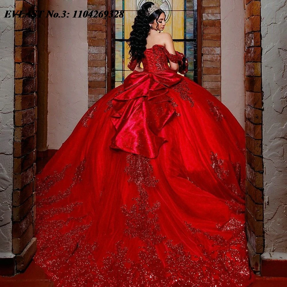 EVLAST Изысканное красное платье Quinceanera по индивидуальному заказу, кружевное платье с блестками и аппликацией, корсет с бисером Sweet 16, Vestidos 15 De XV Años E3Q906