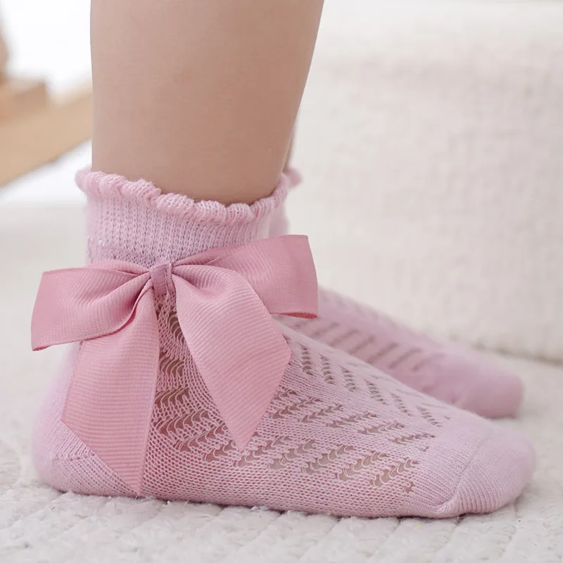 0-3Years Baby Girls Socks With Big Bows Breathable Children Girl Short Socks Hollow Out Toddlers Kids Cotton Princess Cute Socks