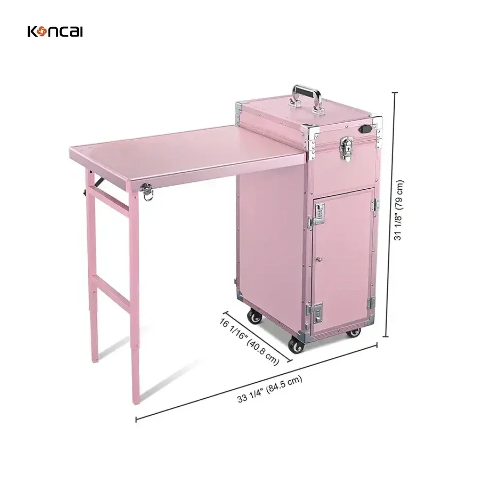 Nail Table Pink Manicure Workstation Folding Rolling Portable Case