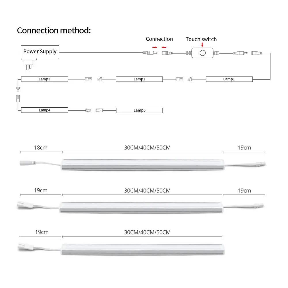 Series Connection 5 Bar Lamps Dimmable Touch Switch Aluminum Wall Light for Kitchen Wardrobe Cupboard Lighting 30cm 40cm 50cm