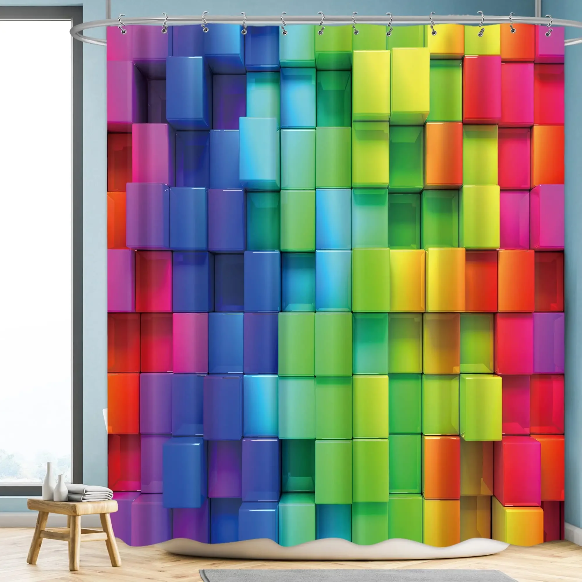 Funny Building Blocks Shower Curtain Set Colorful Blocks Cloth Shower Curtain Waterproof Bathroom Curtain Decor Polyester Fabric