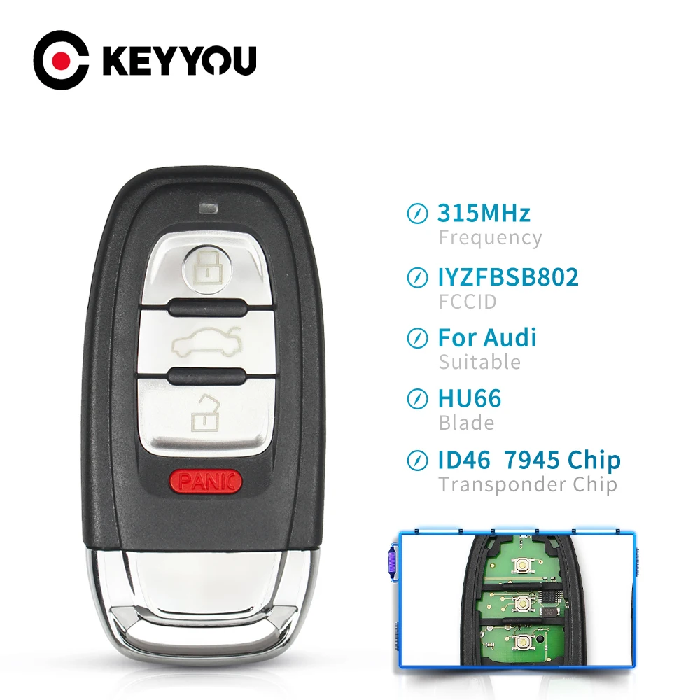 KEYYOU 3 + 1 Nút Dành Cho Xe Audi A3 A4 A5 A6 A8 Quattro Q5 Q7 Key Fob Từ Xa Thông Minh Chìa Khóa 315Mhz ID46 Chip FCC ID: IYZFBSB802 2009-2015