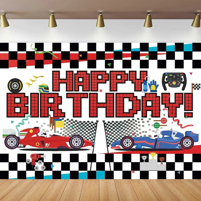 Photography Backdrop Racing Car Checkered Flag Banner For Kids Happy Birthday Party Interior Decor Portrait Shooting Background