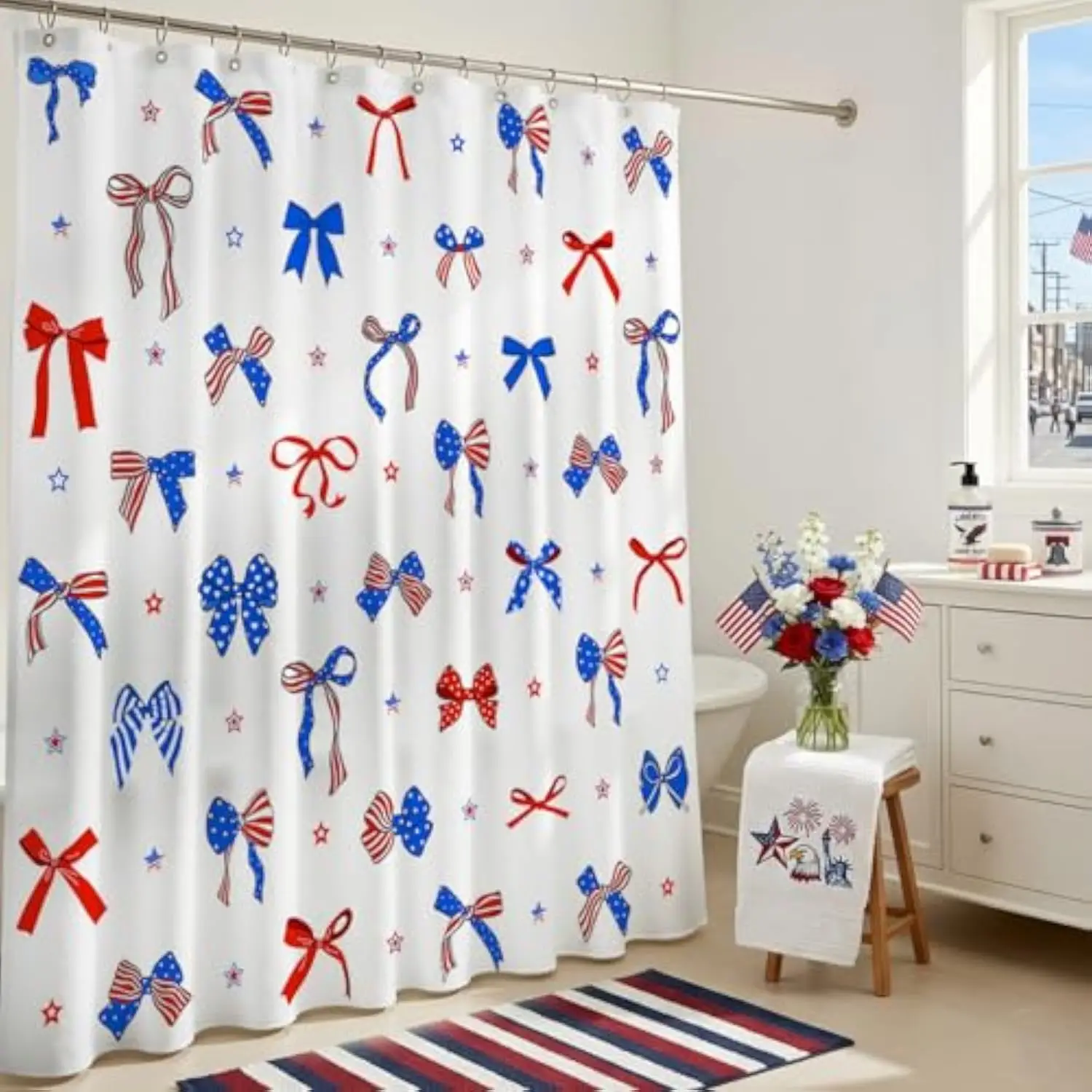 4th of July Bow Shower Curtain Bowknot Stars Independence Day American Patriotic Red Blue Shower Curtain Bathroom