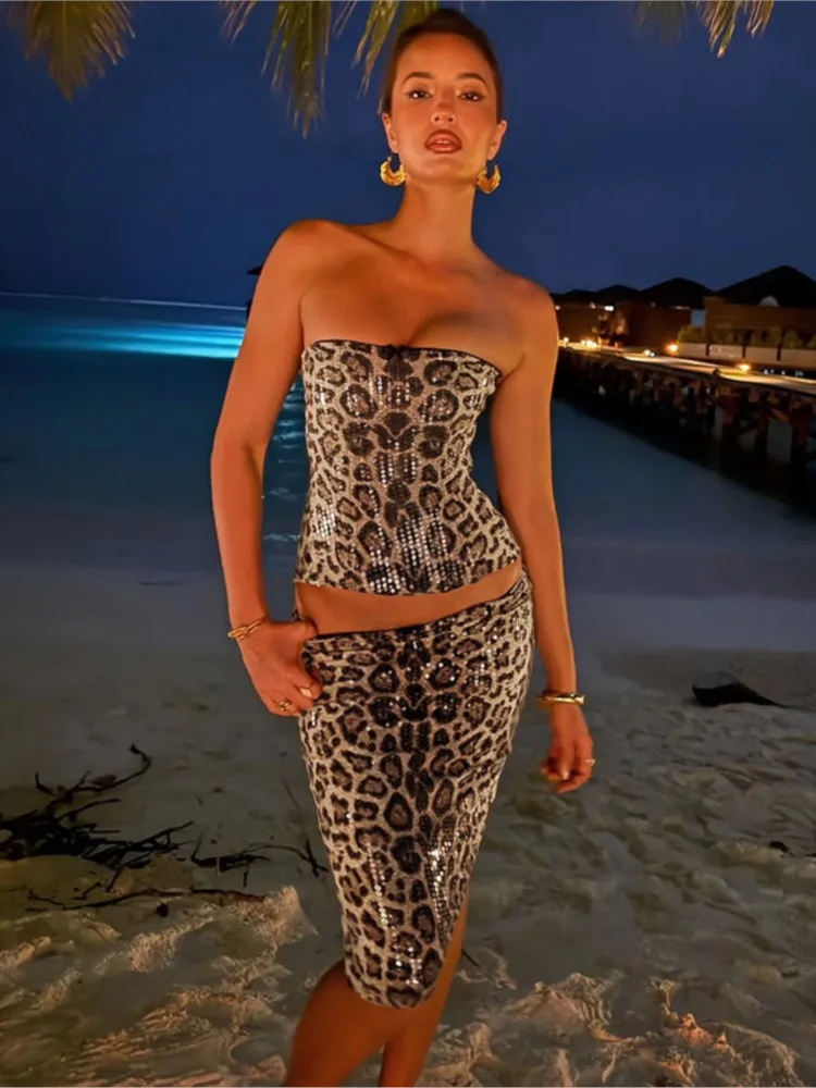 

Woman 2 Piece Set Outfit Sexy Beachwear Sequin Leopard Print Tube Top Skirt Two Piece Outfits Woman Backless Leace-up Party Slim