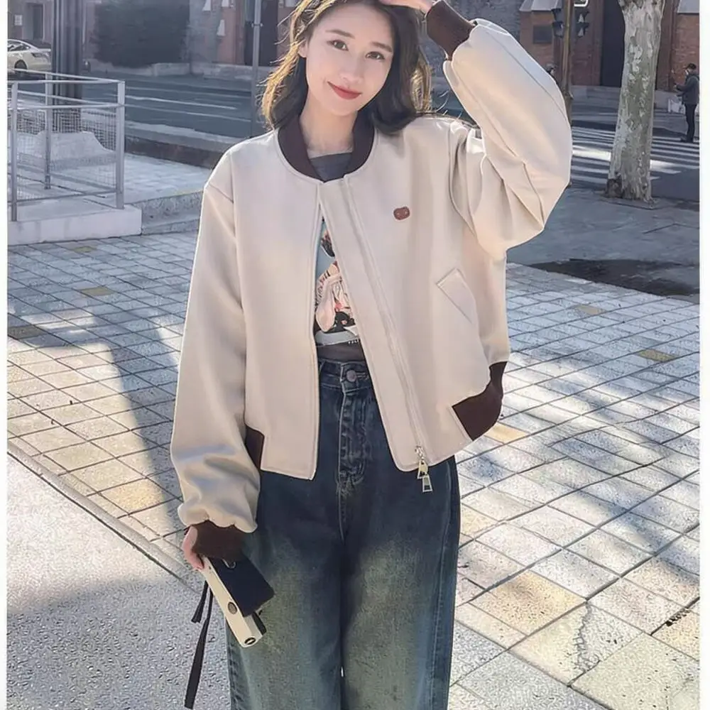 Womens American Varsity Bomber Jacket Spring Autumn Casual Short Coat Female Streetwear Colorblock Zip Outerwear