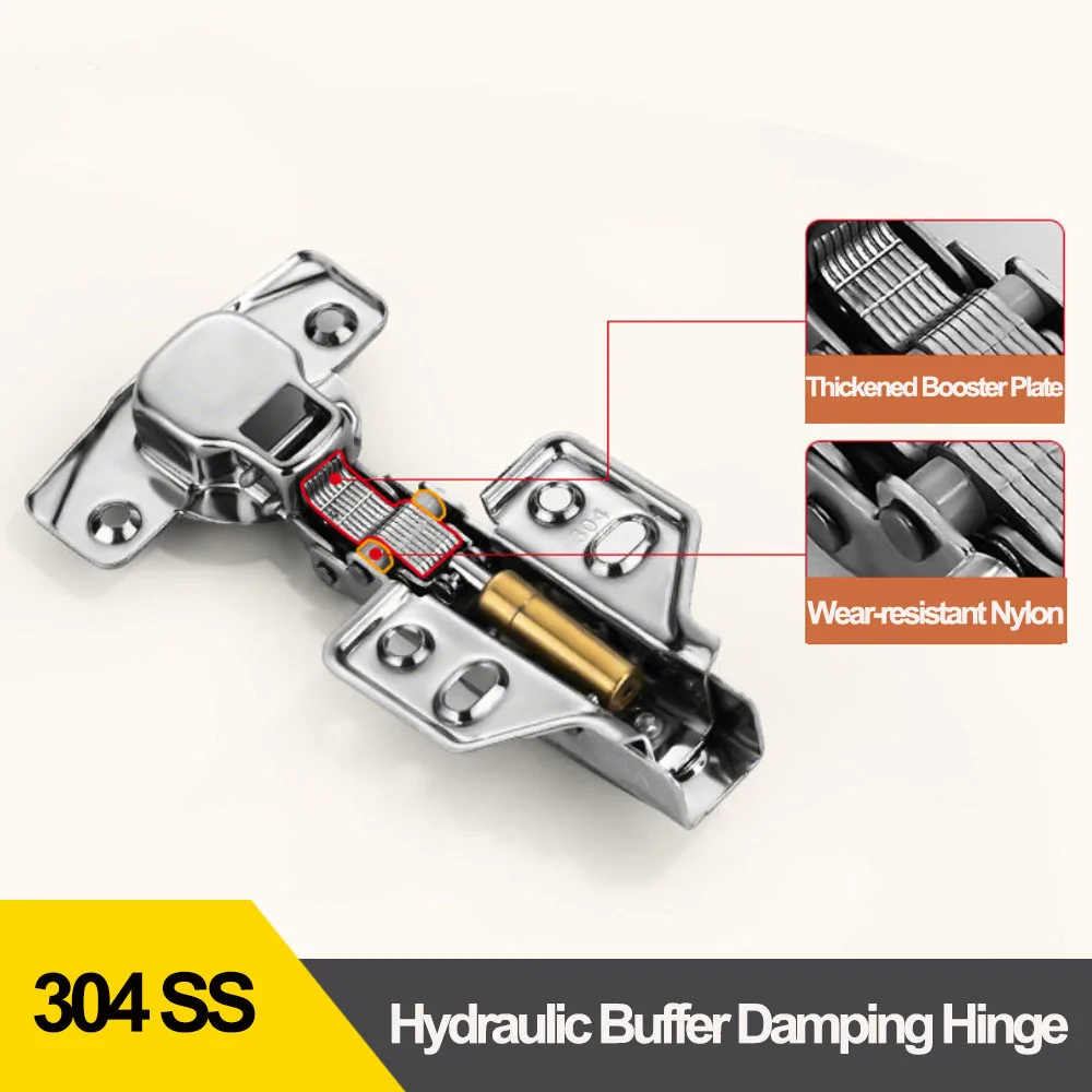 304 Stainless Steel Hydraulic Buffer Cabinet Door Hinge, Soft Close Half Overlay Concealed Furniture Hinge
